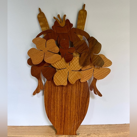 VTG Mixed Wood Handcrafted 70s Wall Art Flowers Cattails Boho Decor Mahogany - Picture 3 of 6